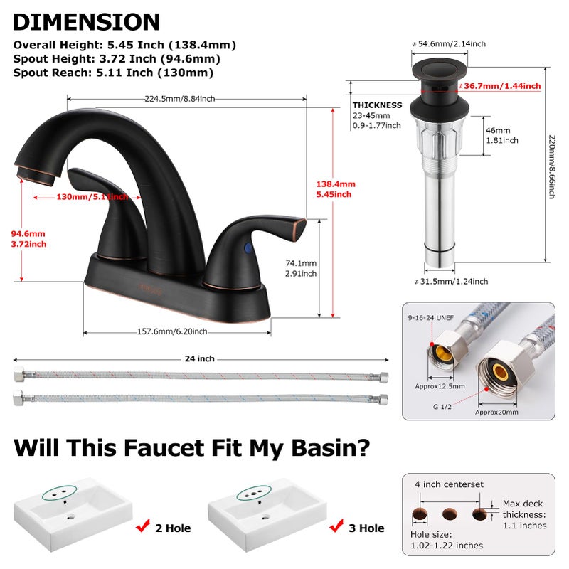 PARLOS Two-Handle Bathroom Sink Faucet with Metal Drain Assembly and Supply Hose Lead-Free cUPC Mixer Double Handle Tap Deck Mounted Oil Rubbed Bronze, 13597 - Image 4